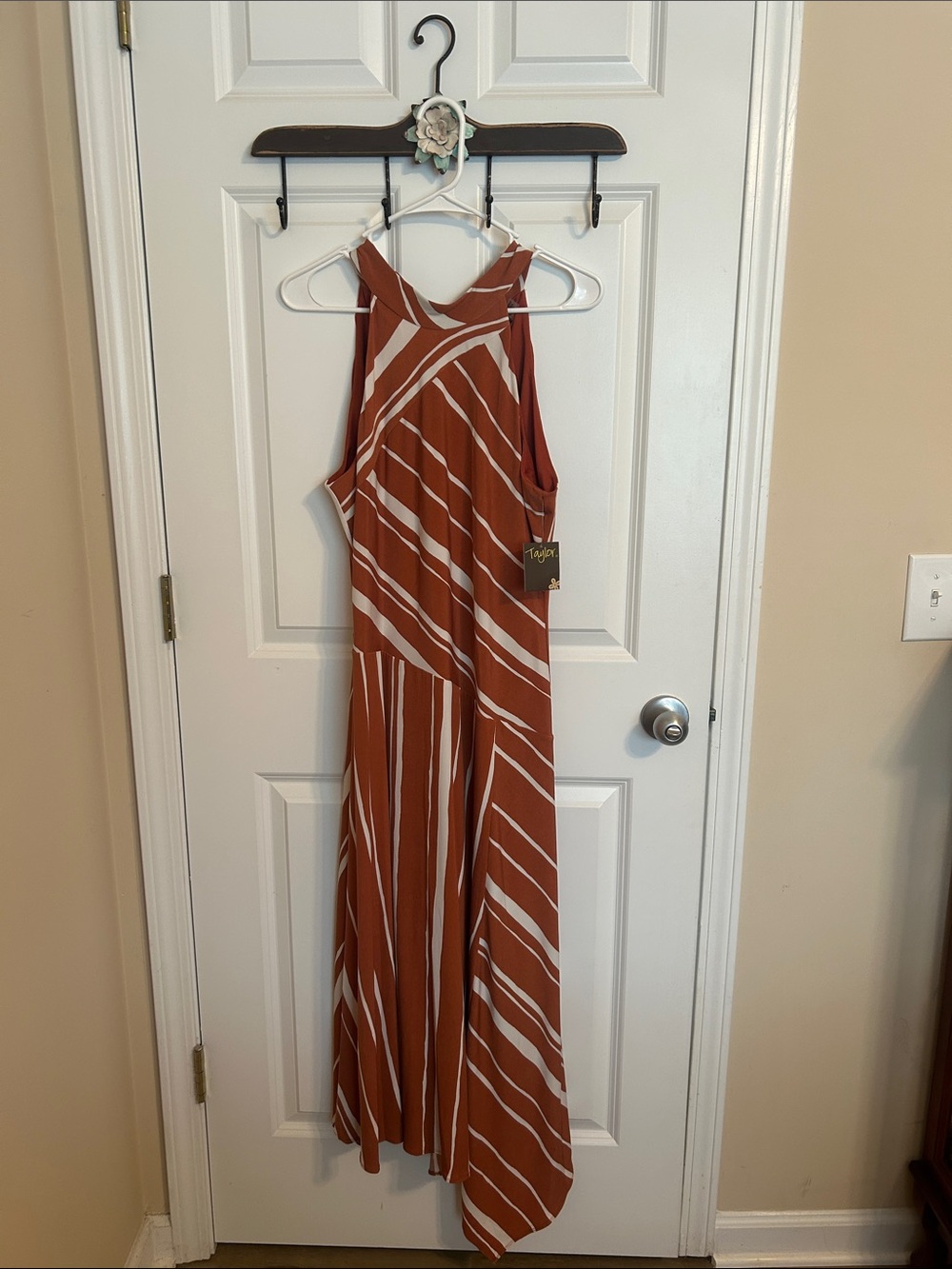 Taylor Rust and White Asymmetrical Striped Maxi Dress
